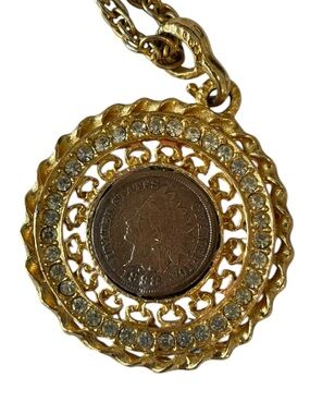 Authentic 1898 Indian Head Penny Charm w/ Rhinestones 26” Gold Plated Chain